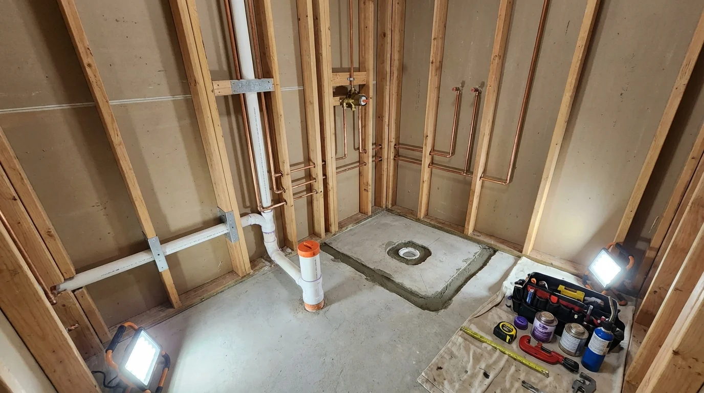 Bathroom rough-in plumbing during remodel by Johns Plumbing LLC in Nortonville