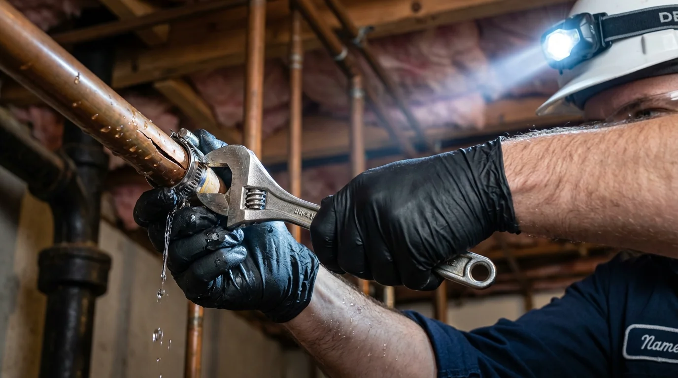 Emergency pipe clamp repair being performed by a Johns Plumbing LLC plumber in Nortonville