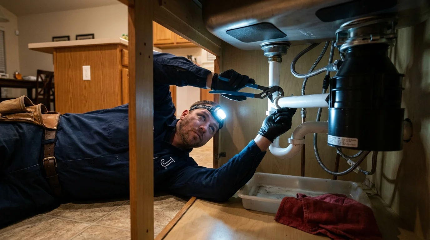 P-trap and supply line connections under a kitchen sink showing a common leak point in Nortonville, KY